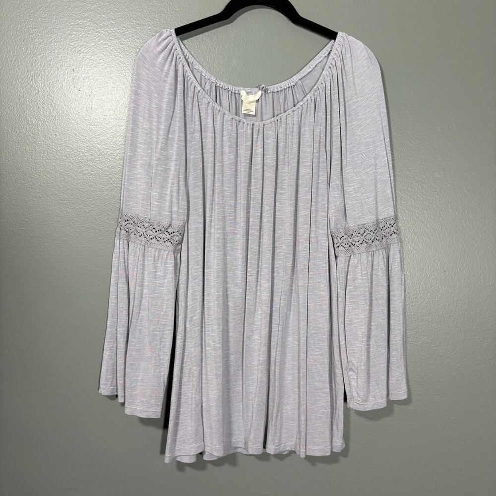 Tru Self Gray Crochet Lace Trim Boho Peasant Blouse - 1X - Women's Plus Size Top